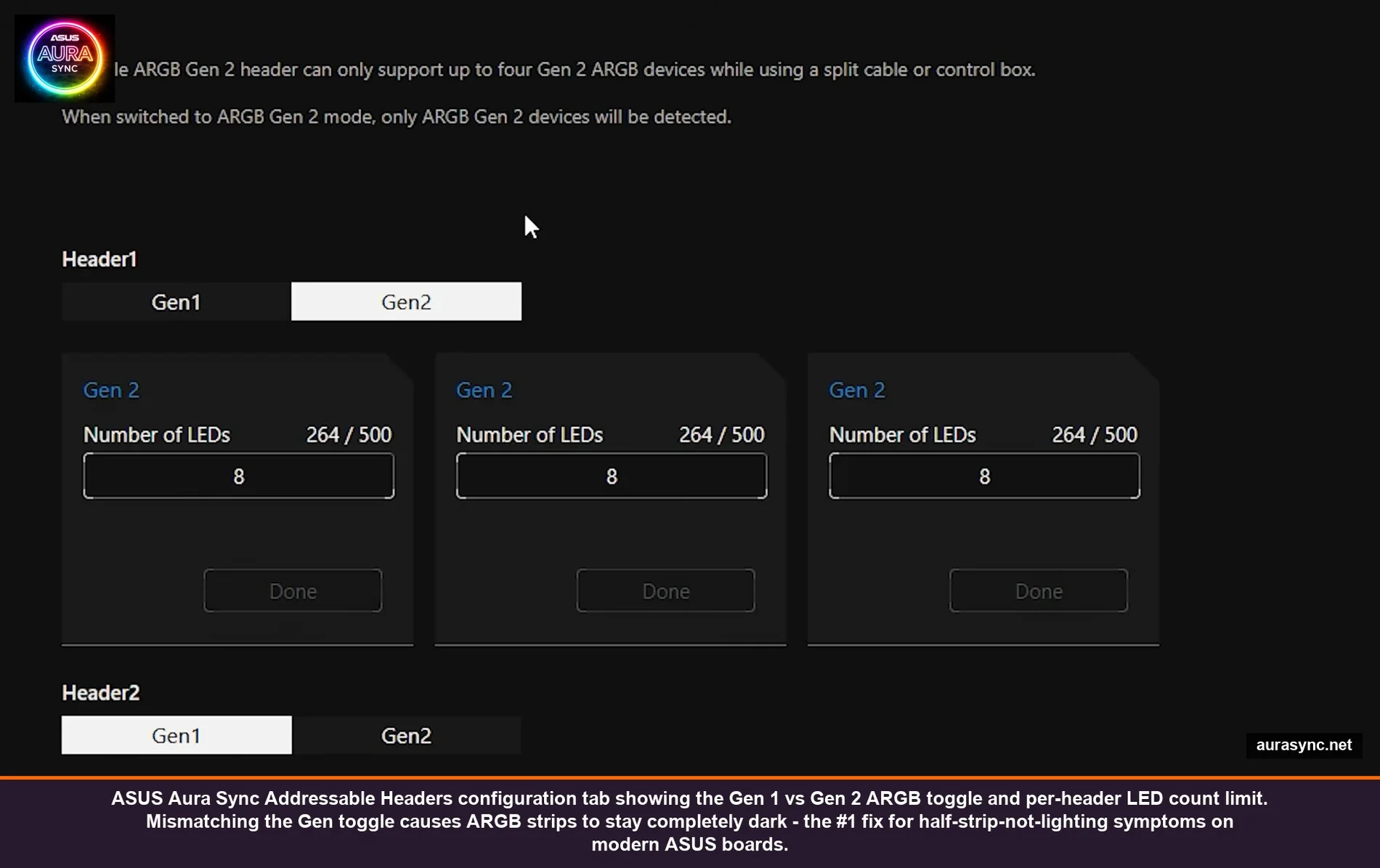 ASUS Aura Sync Addressable Headers configuration tab showing the Gen 1 vs Gen 2 ARGB toggle and per-header LED count limit, the #1 fix for half-strip-not-lighting symptoms on modern ASUS boards