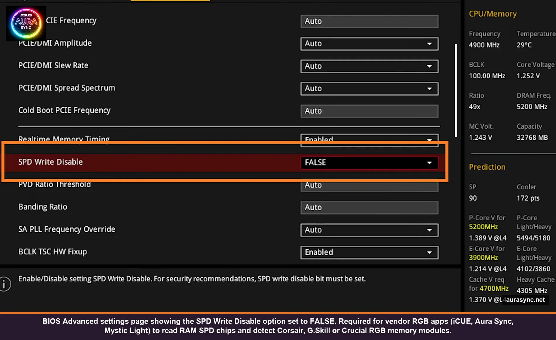 BIOS Advanced settings page showing the SPD Write Disable option set to FALSE, required for vendor RGB apps to read RAM SPD chips and detect Corsair, G.Skill or Crucial RGB memory modules