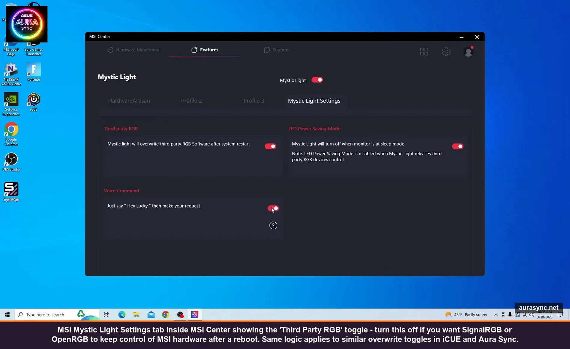MSI Mystic Light Settings tab inside MSI Center showing the Third Party RGB toggle - turn this off if you want SignalRGB or OpenRGB to keep control of MSI hardware after a reboot