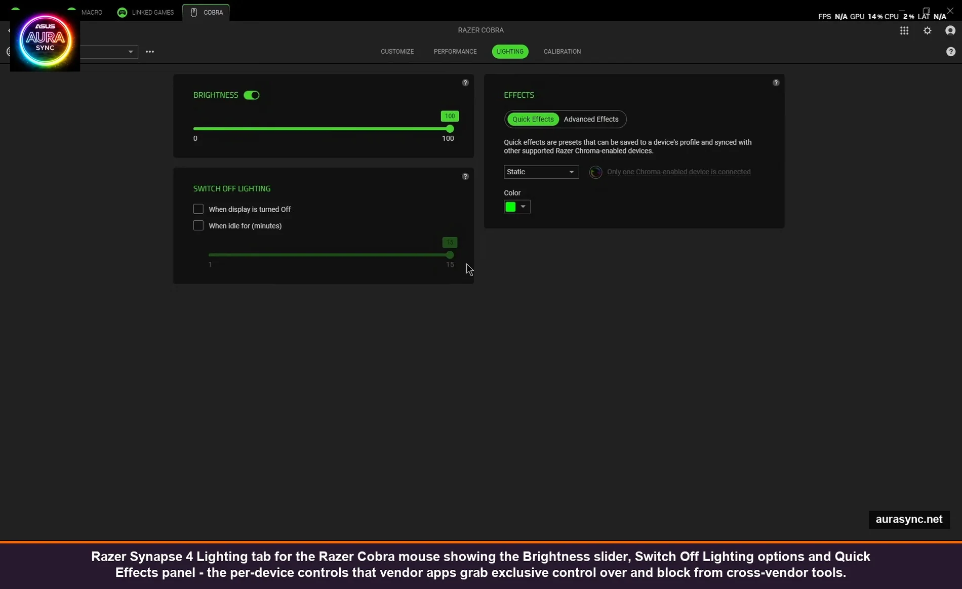 Razer Synapse 4 Lighting tab for the Razer Cobra mouse showing the Brightness slider, Switch Off Lighting options and Quick Effects panel - the per-device controls that vendor apps grab exclusive control over