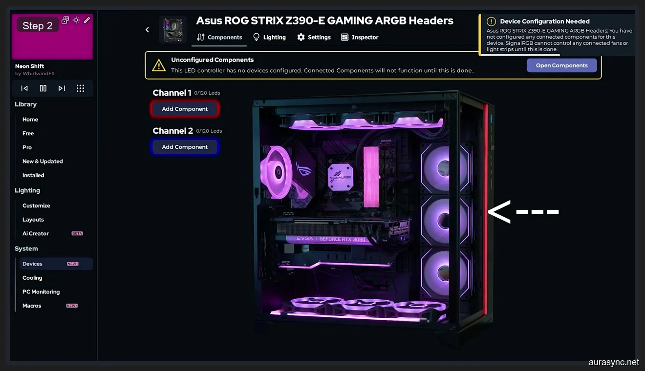 SignalRGB showing ASUS ROG STRIX Z390-E Gaming ARGB Headers with two unconfigured channels and Device Configuration Needed warning