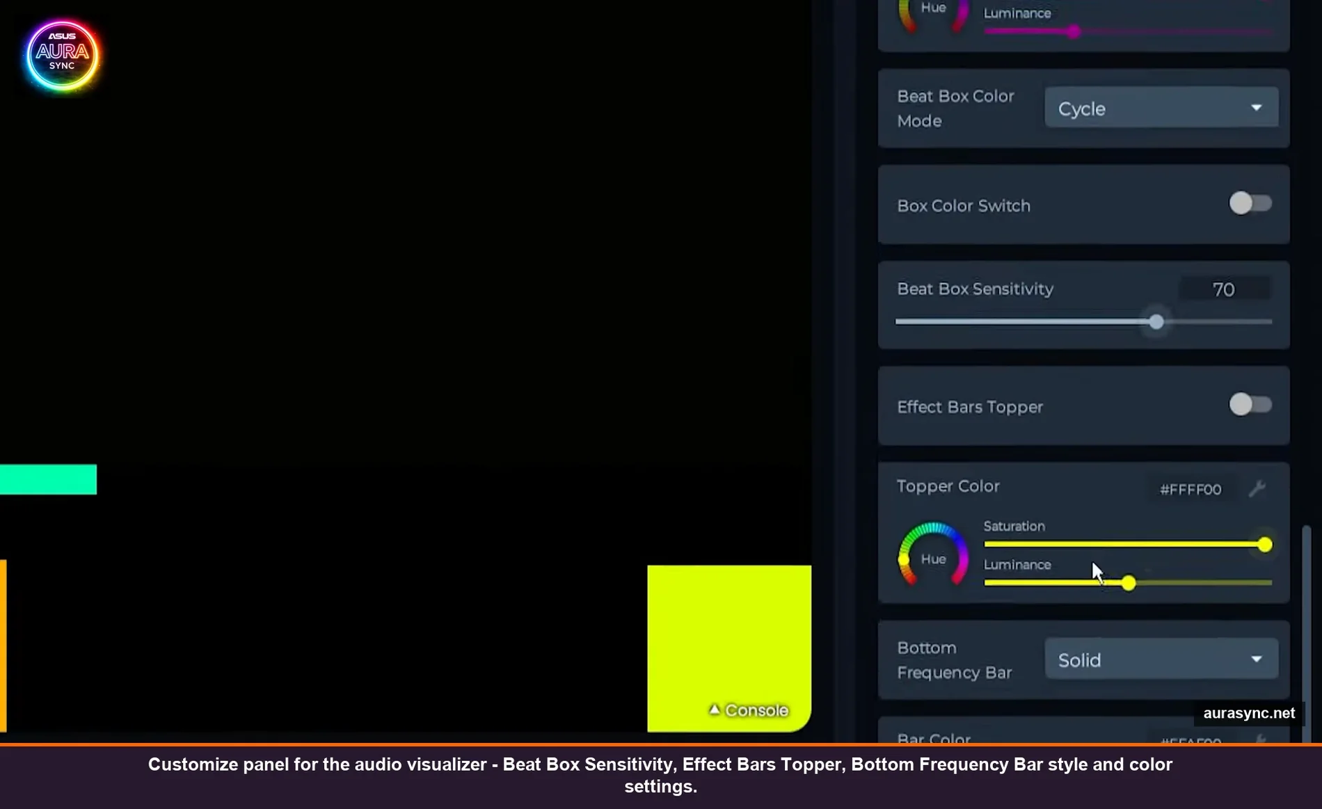 SignalRGB Customize panel for the audio visualizer effect showing Beat Box Color Mode set to Cycle, Beat Box Sensitivity at 70, Effect Bars Topper toggle, Topper Color set to FFFF00 yellow, Bottom Frequency Bar set to Solid