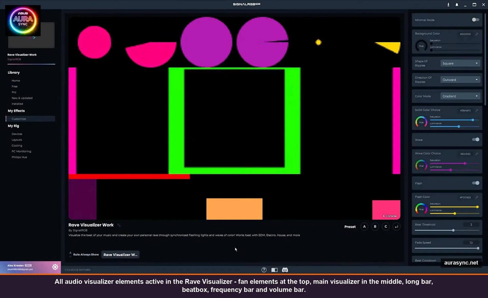 SignalRGB Rave Visualizer with all audio visualizer elements active - magenta fan elements at top showing volume, frequency and density circles, green main visualizer in center, red long bar element, beatbox in corner, frequency bar and orange volume bar