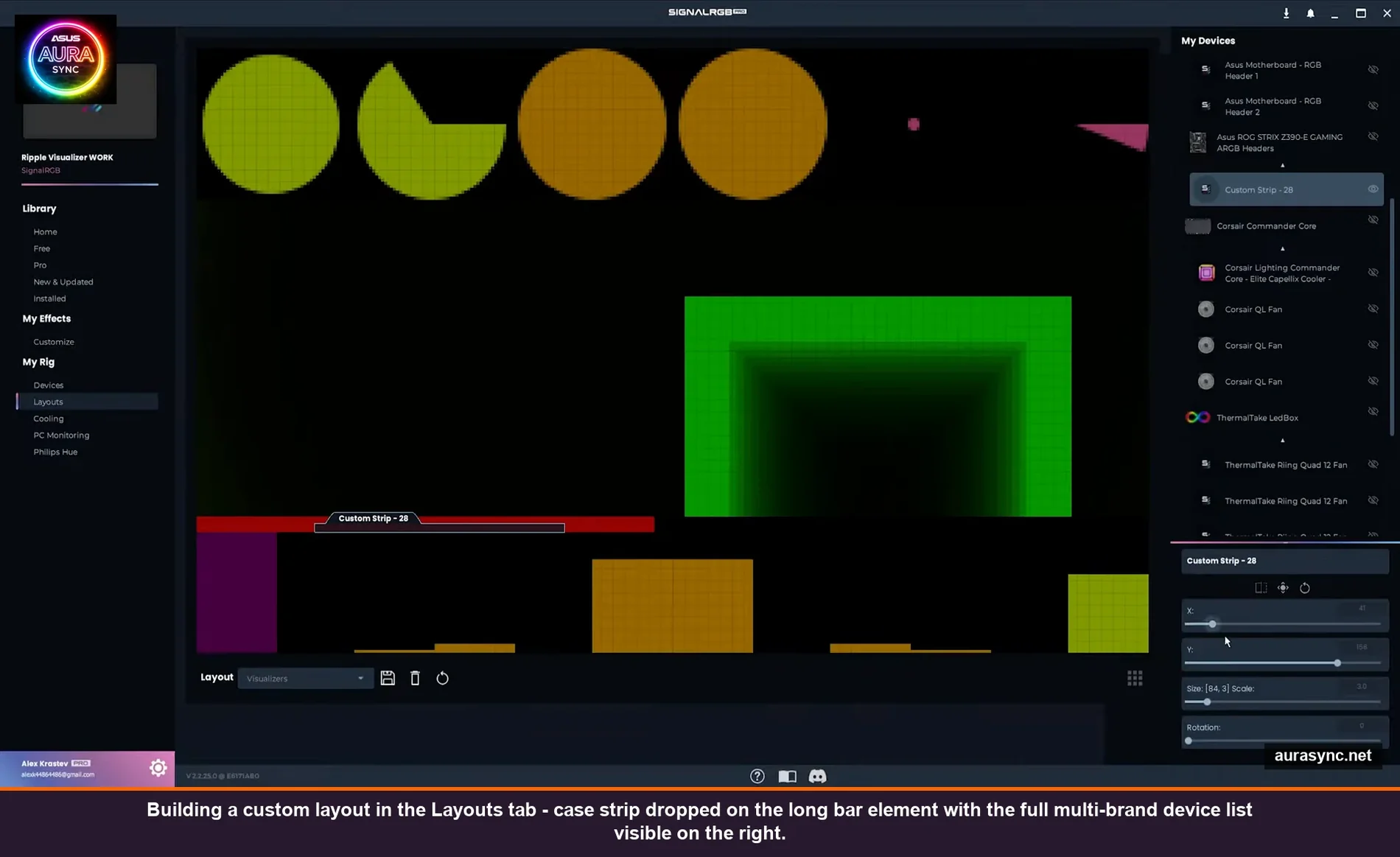 SignalRGB Layouts tab showing audio visualizer layout being built with Custom Strip selected on the long bar element, full multi-brand device list visible on the right with ASUS, Corsair, ThermalTake controllers