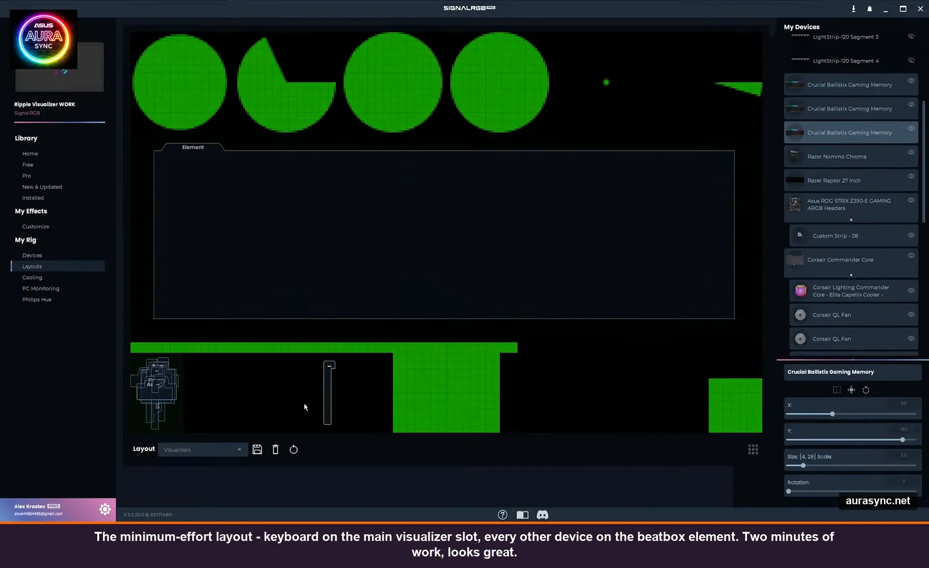 SignalRGB Layouts tab showing the simple audio visualizer layout where the keyboard takes the main visualizer slot and every other device sits on the beatbox element pulsing green