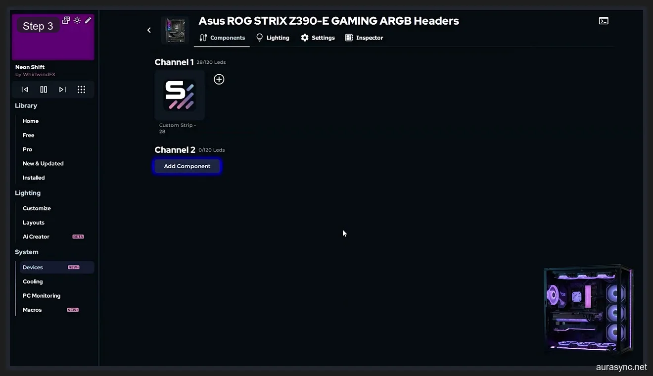 SignalRGB ASUS Z390-E Channel 1 configured with Custom Strip 28 LEDs and Channel 2 ready for Add Component