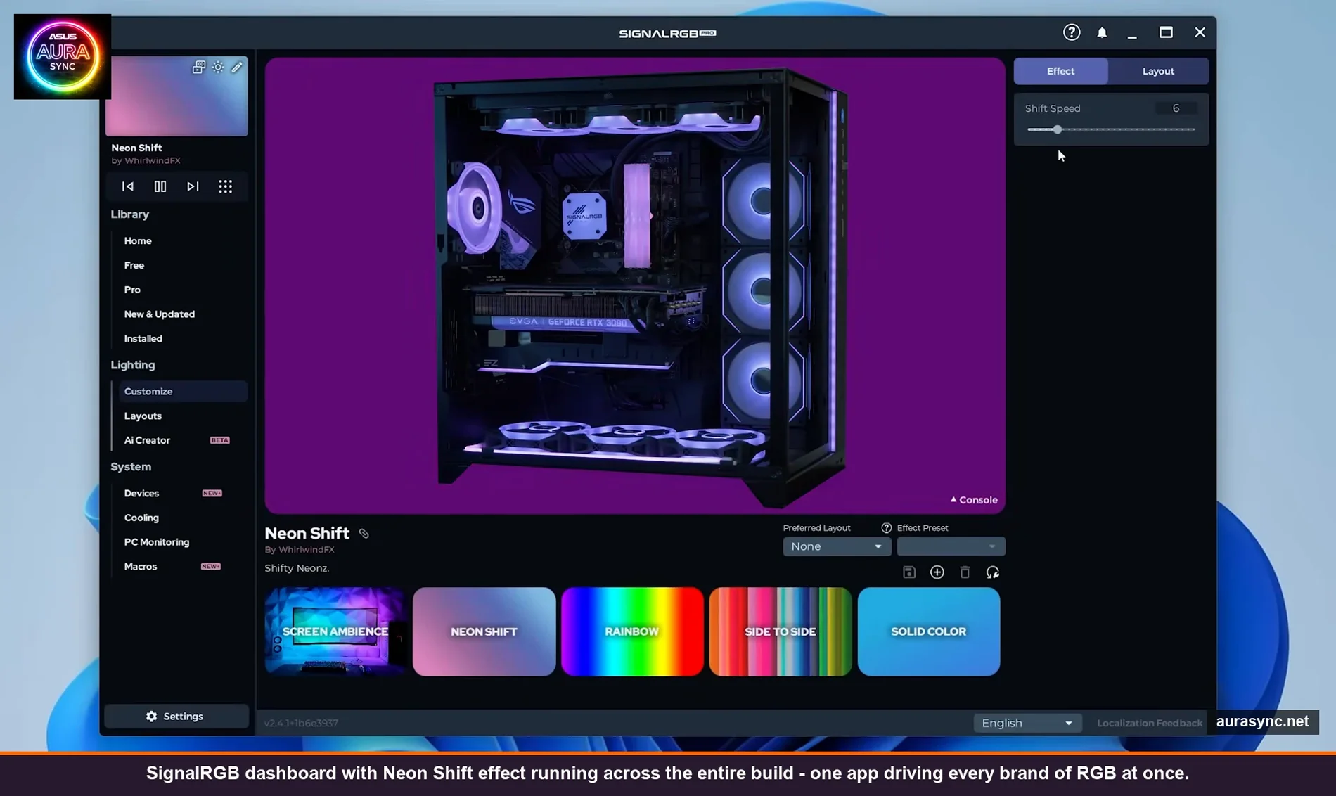 SignalRGB main dashboard with Neon Shift effect applied to a multi-brand RGB build, showing PC case preview and effect library at the bottom