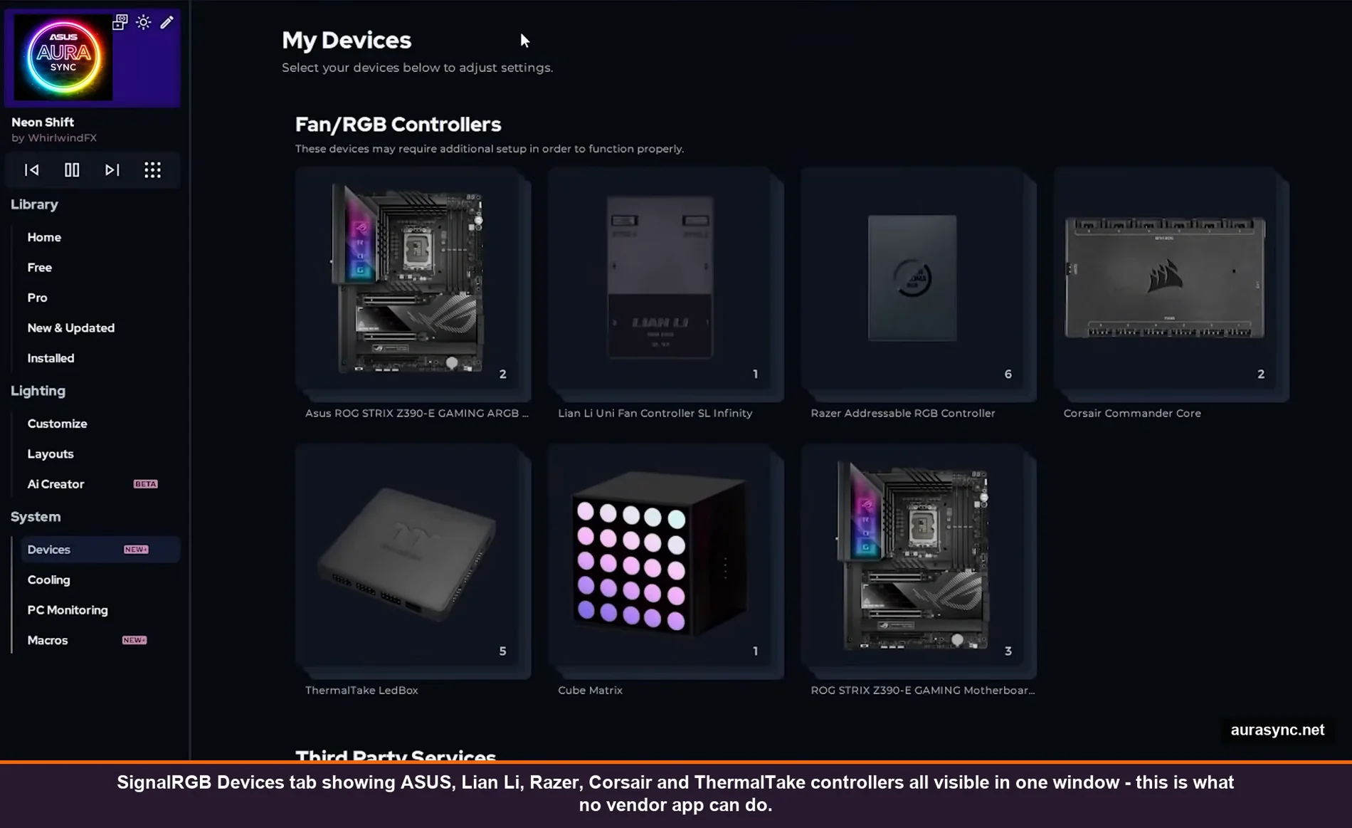 SignalRGB Devices tab showing Fan/RGB Controllers including Asus ROG STRIX Z390-E, Lian Li Uni Fan Controller SL Infinity, Razer Addressable RGB Controller, Corsair Commander Core, ThermalTake LedBox and Cube Matrix
