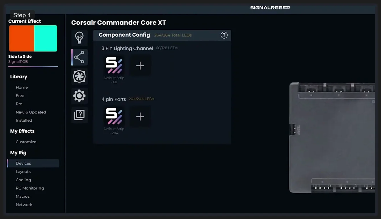 SignalRGB Pro device configuration showing Corsair Commander Core XT with 3-pin and 4-pin lighting channel LED counts