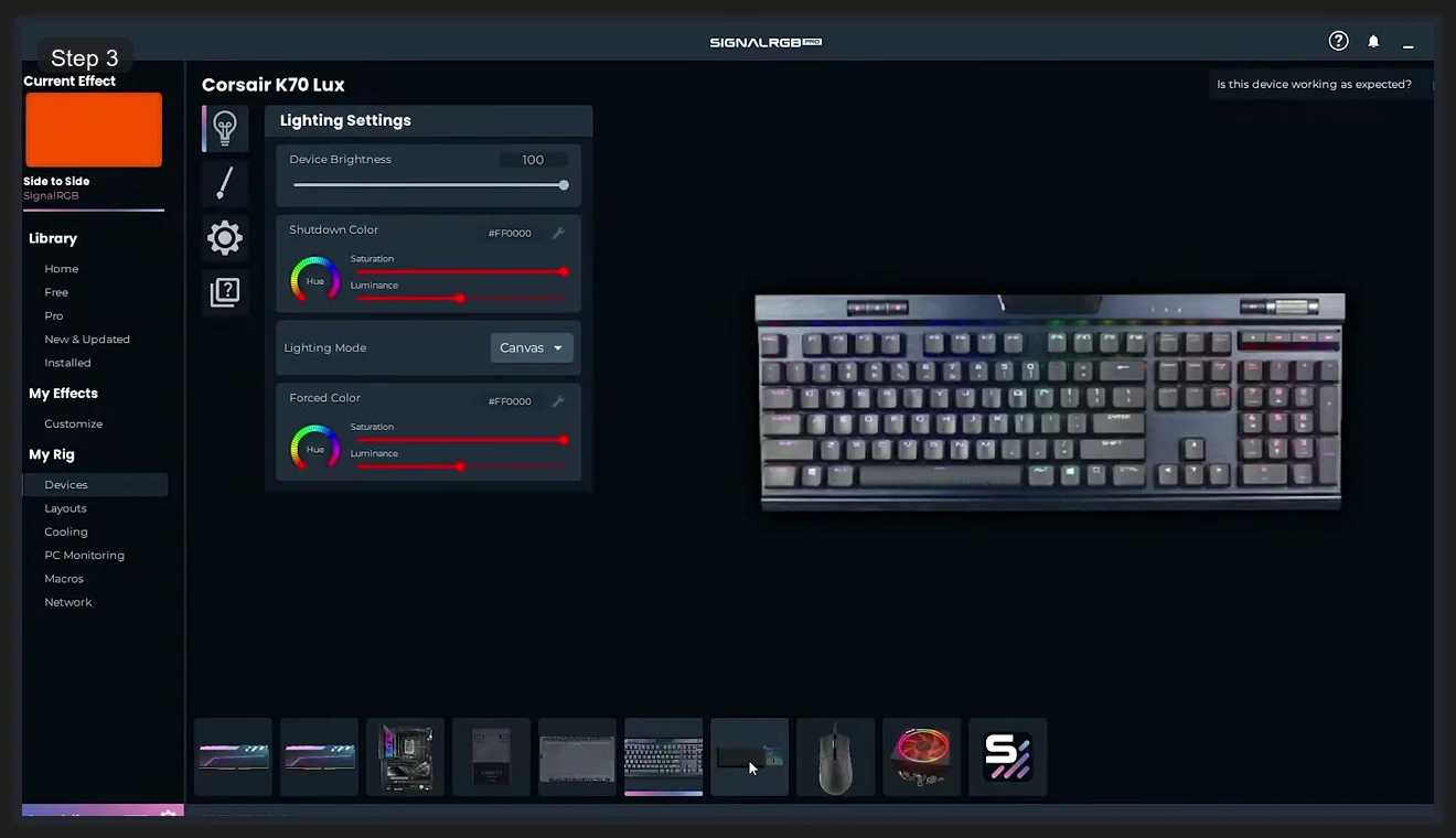 SignalRGB Lighting Settings for Corsair K70 Lux keyboard showing Device Brightness slider, Shutdown Color picker, Lighting Mode set to Canvas, and Forced Color controls