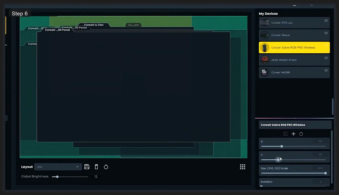 SignalRGB Layout editor showing Corsair Sabre RGB PRO Wireless mouse positioned at X 102, Y 53 with size 200x120 at scale 40, alongside My Devices list with Corsair K70 Lux, AMD Wraith Prism, and Govee H6088
