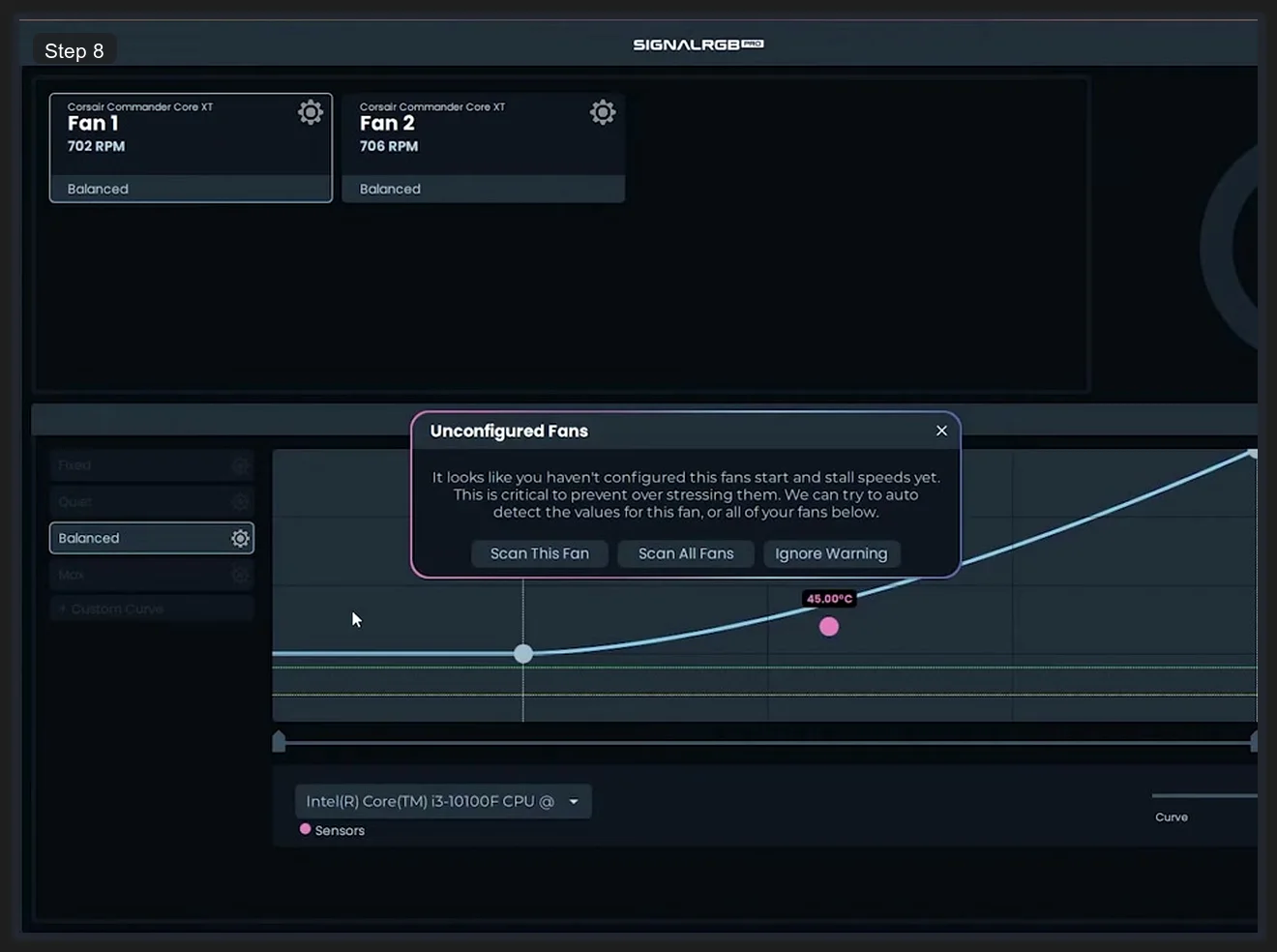 SignalRGB Cooling section showing Fan 1 and Fan 2 at 702 and 706 RPM on Balanced profile, with Unconfigured Fans warning dialog offering Scan This Fan and Scan All Fans options