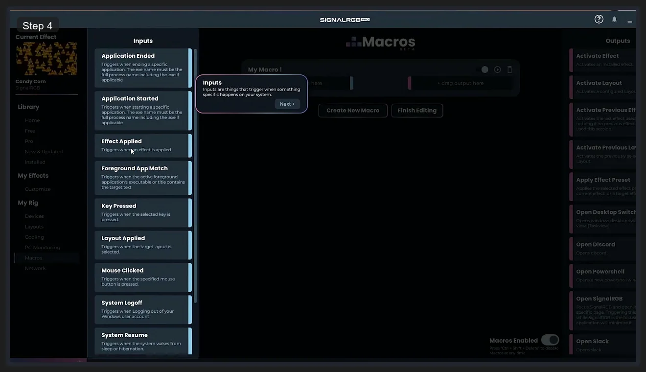 SignalRGB Macros Beta panel showing Inputs list with Application Started, Foreground App Match, Key Pressed, and other triggers, and Outputs list with Activate Effect, Open Discord, Open PowerShell options