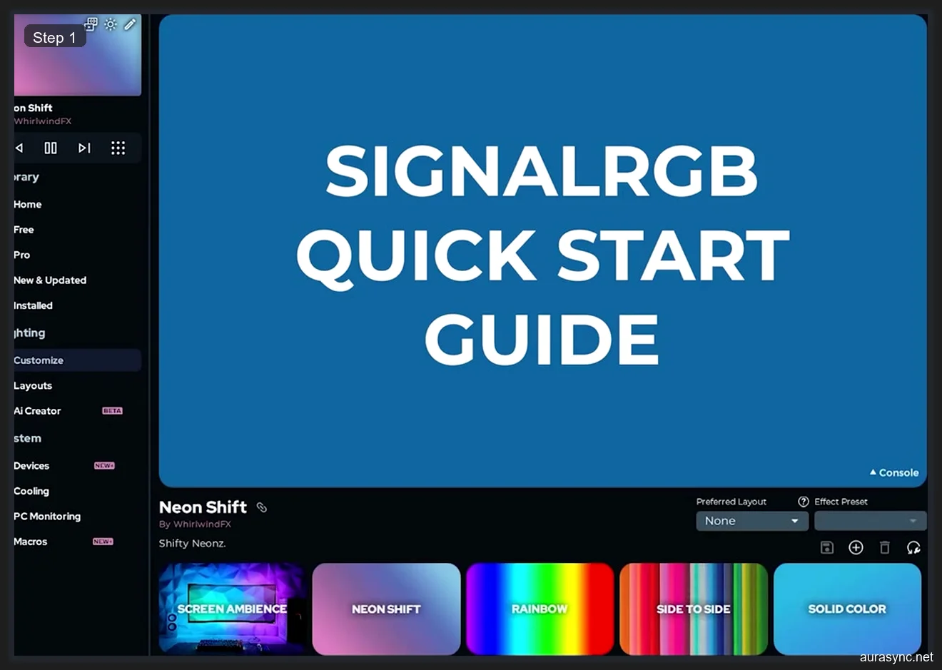 SignalRGB home screen showing sidebar navigation with Library, Lighting, and System sections, effect presets including Screen Ambience, Neon Shift, Rainbow, and Solid Color