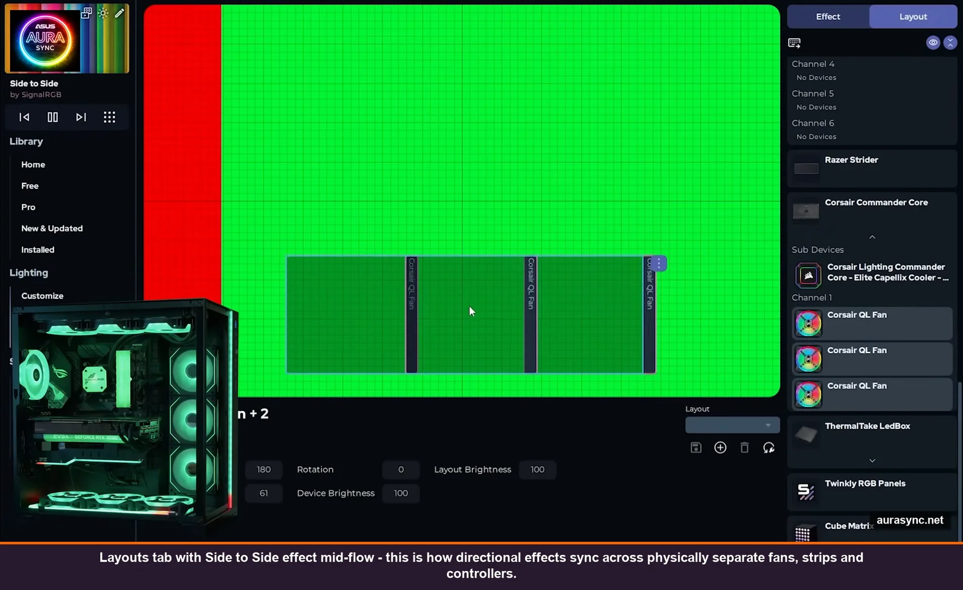 SignalRGB Layouts tab with Side to Side directional effect showing red and green color bands flowing across positioned fan device boxes on a grid