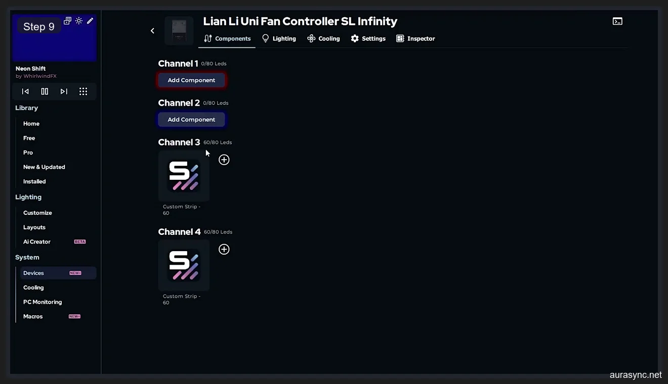 SignalRGB Lian Li Uni Fan Controller SL Infinity with custom LED strips configured on Channels 3 and 4 showing 60 LEDs each
