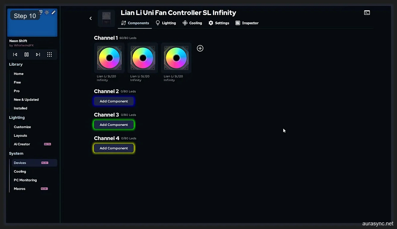 SignalRGB Lian Li Uni Fan Controller showing three SL120 Infinity fans configured on Channel 1 with 60 of 80 LEDs used
