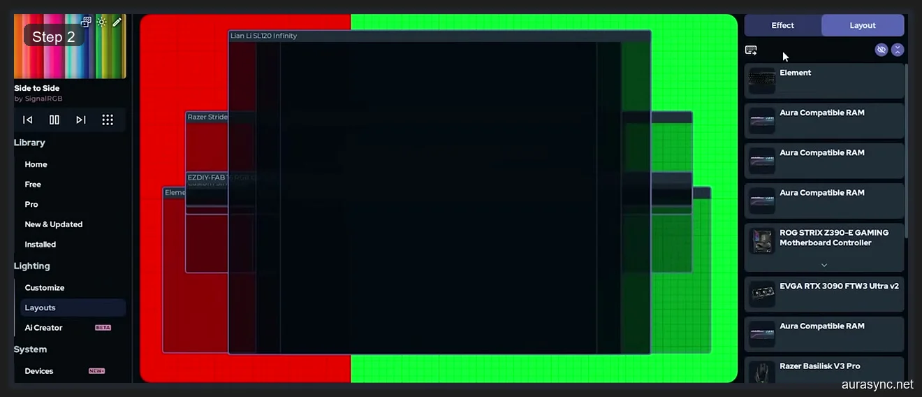 SignalRGB Pro Layout editor showing keyboard device box on canvas demonstrating effect display control
