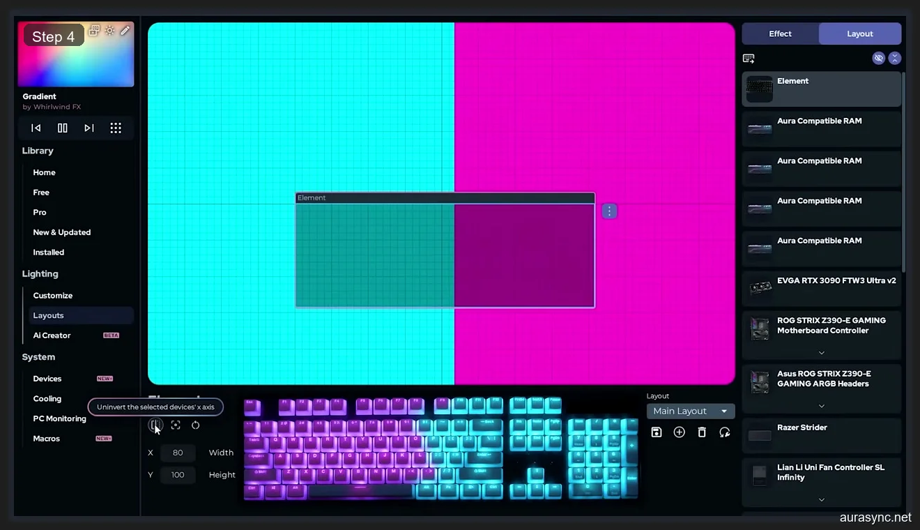 SignalRGB Pro Layout editor with gradient effect and device list showing EVGA RTX 3090, Aura RAM, ASUS Z390-E, Razer Strider, Lian Li fans