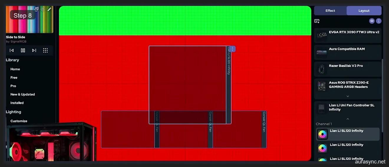 SignalRGB Pro Layout with Side to Side effect showing all devices positioned matching physical PC layout
