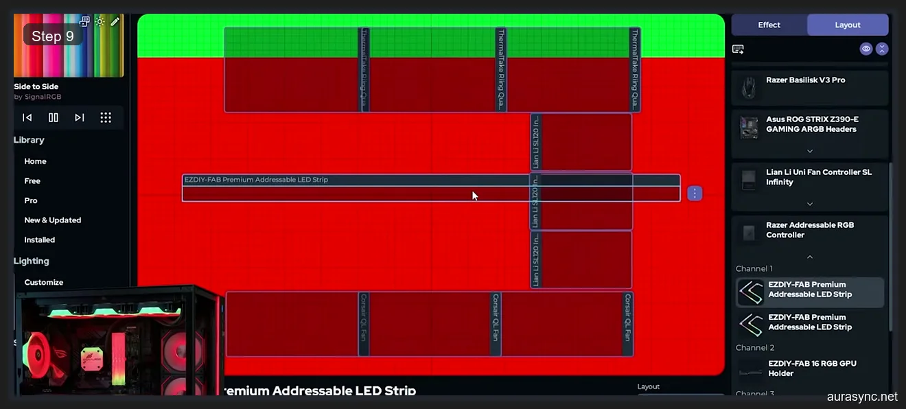 SignalRGB Pro Layout showing LED strips positioned with Razer controller channels expanded