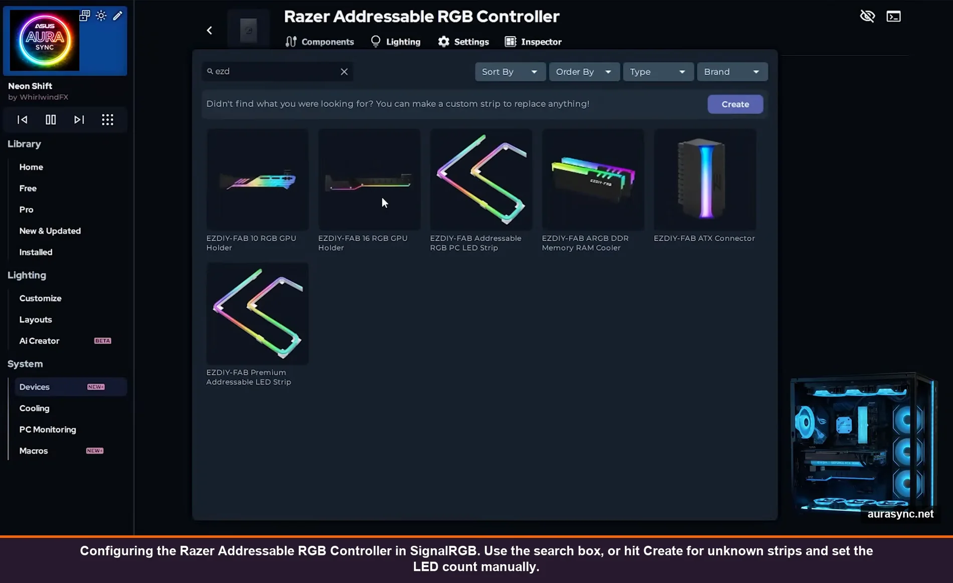 Razer Addressable RGB Controller configuration screen in SignalRGB with EZDIY-FAB GPU holders, RGB strips, RAM cooler and ATX connector components shown in the picker