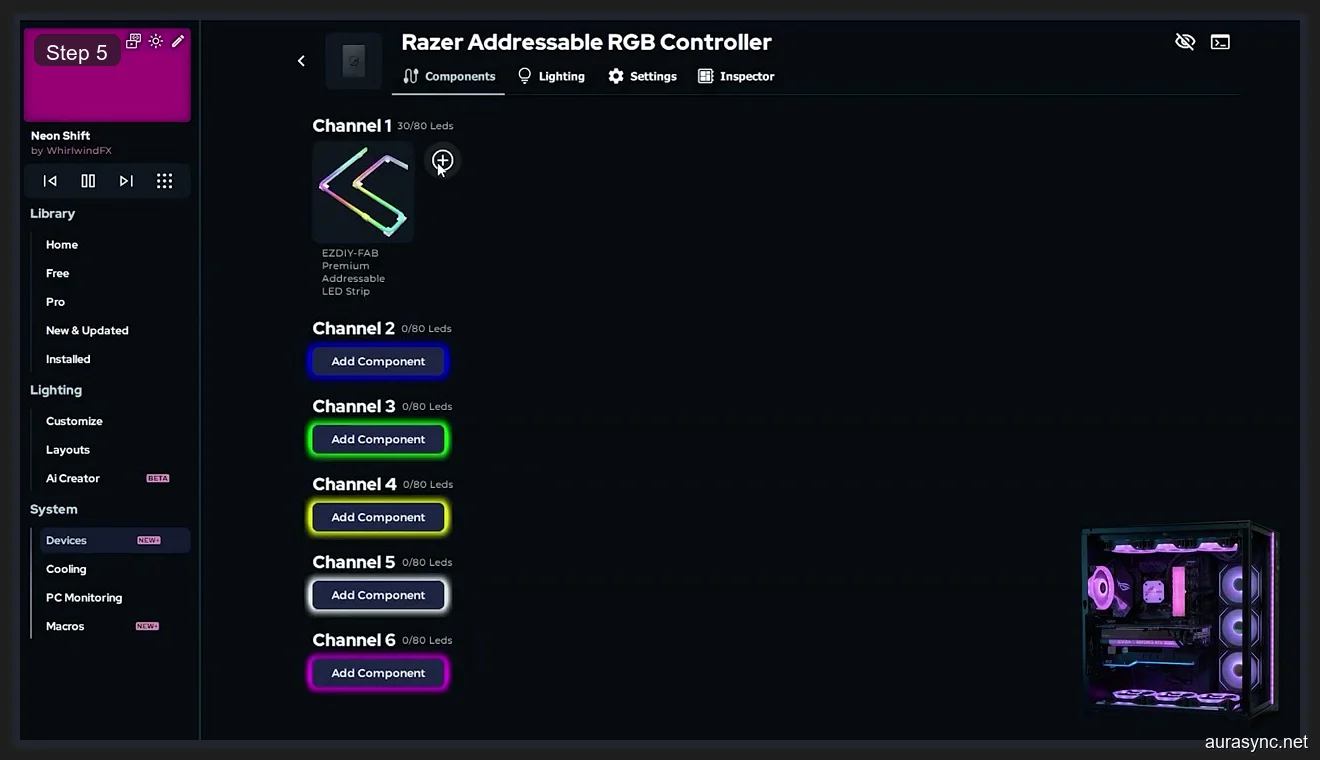 SignalRGB Razer controller Channel 1 with EZDIY-FAB Premium Addressable LED Strip configured showing 30 of 80 LEDs used