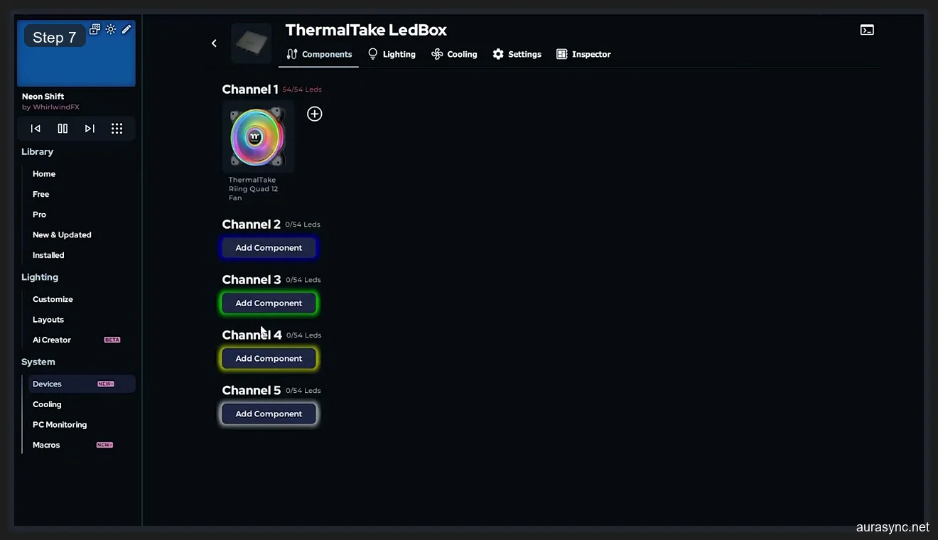 SignalRGB ThermalTake LedBox controller with Riing Quad 12 fan on Channel 1 and four additional channels showing Add Component buttons
