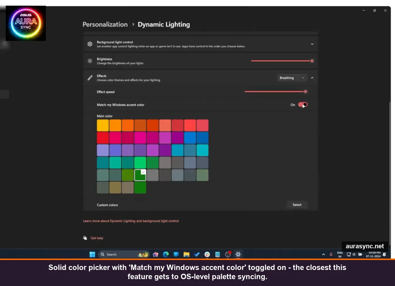 Windows 11 Dynamic Lighting Solid color picker with Match my Windows accent color toggled on and a green swatch selected