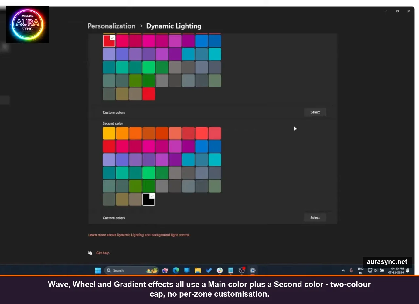 Windows 11 Dynamic Lighting two stacked color palettes labelled Main color and Second color for Wave, Wheel and Gradient effects