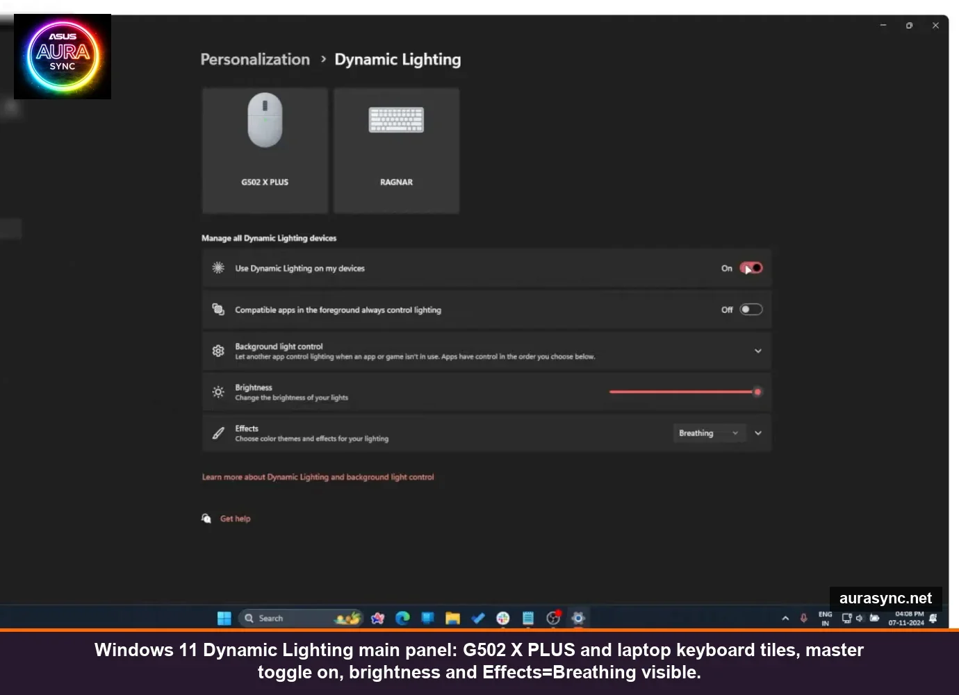 Windows 11 Dynamic Lighting main Settings panel showing G502 X PLUS mouse and laptop keyboard tiles, master toggle on, brightness slider, Effects set to Breathing