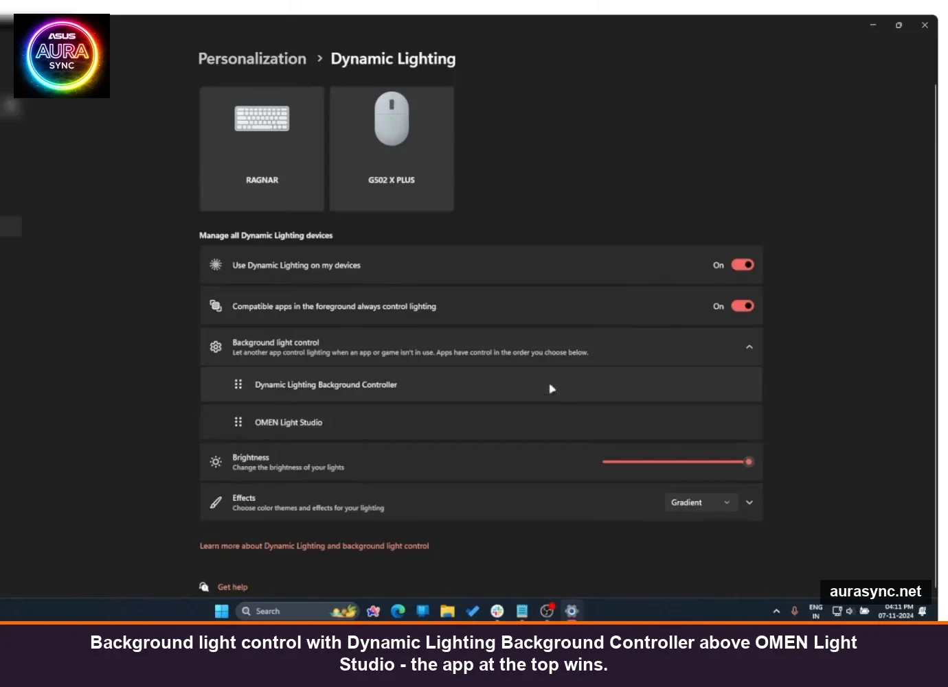 Windows 11 Dynamic Lighting Background light control expanded showing Dynamic Lighting Background Controller above OMEN Light Studio in priority order