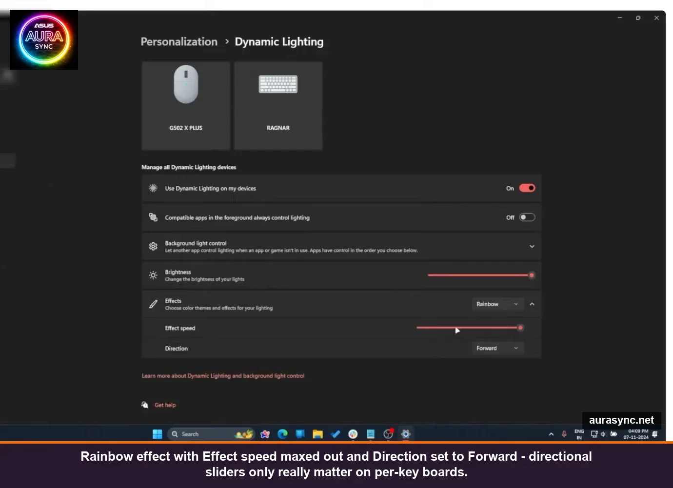 Windows 11 Dynamic Lighting Rainbow effect with effect speed slider maxed and Direction dropdown set to Forward